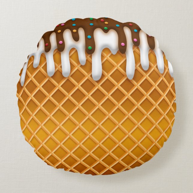 Almofada Redonda Sorvete De Chocolate De Waffle Cone E Vanilla (Frente)