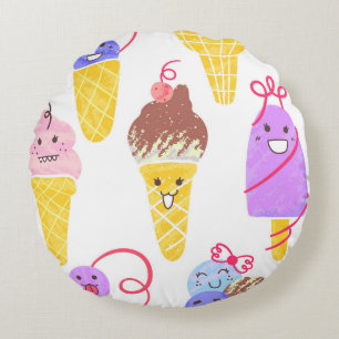 Almofada Redonda Sorvetes Kawaii, um padrão bonito e perfeito.