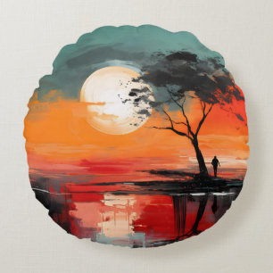 Almofada Redonda Sozinho junto ao Lago – Solidão ao Pôr do Sol