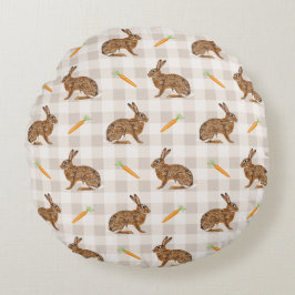 Almofada Redonda Spring Hare And Carrot Rustic Beige Gingham Easter