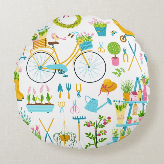 Almofada Redonda Spring seamless pattern in simple hand-drawn carto (Frente)