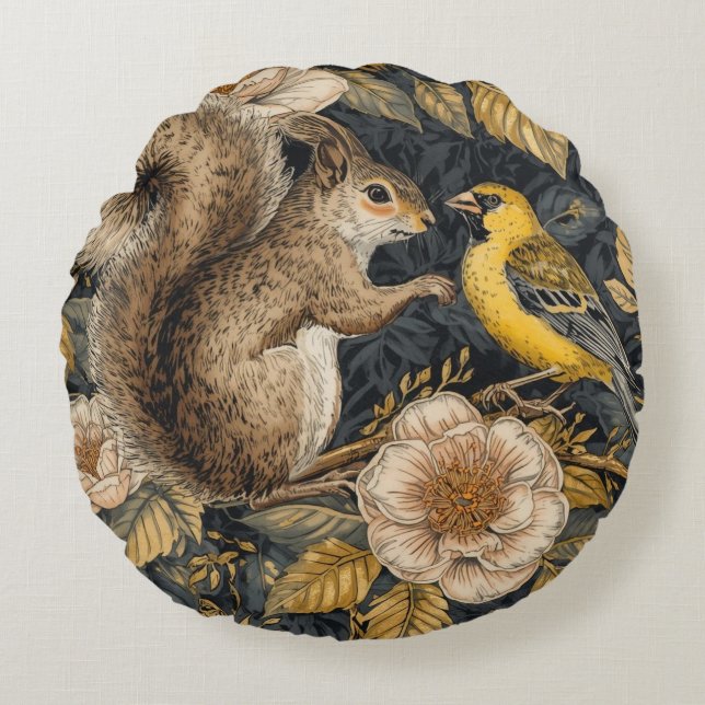 Almofada Redonda Squirrel and Yellow Canary with Flowers Pattern (Frente)