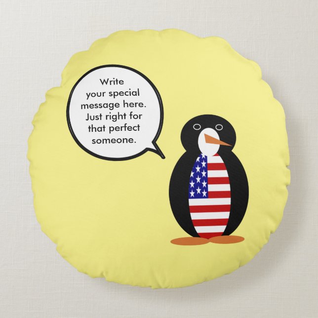 Almofada Redonda Sra. Pinguim Personalizada EUA Fala (Frente)