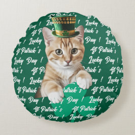 Almofada Redonda St Patrick's Lucky Day Cute Cat Leprechaun Hat,