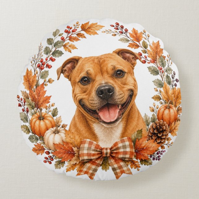 Almofada Redonda Staffordshire Bull Terrier Outono (Frente)
