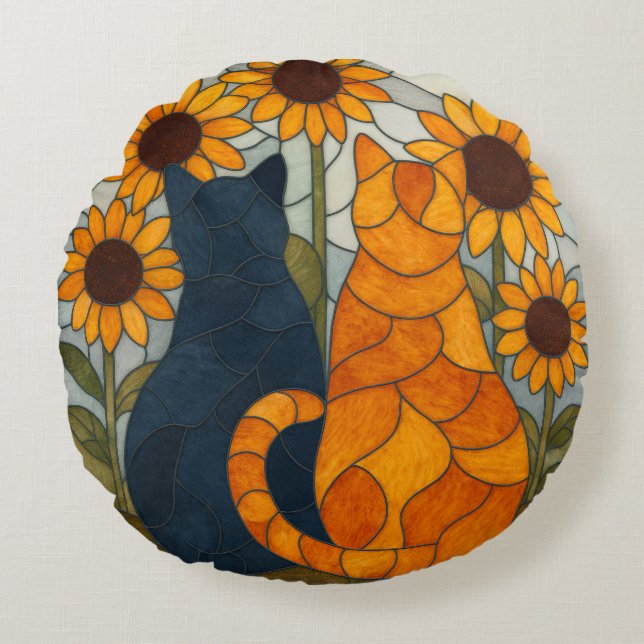 Almofada Redonda Stained Glass Cats and Sunflowers Art Design (Frente)