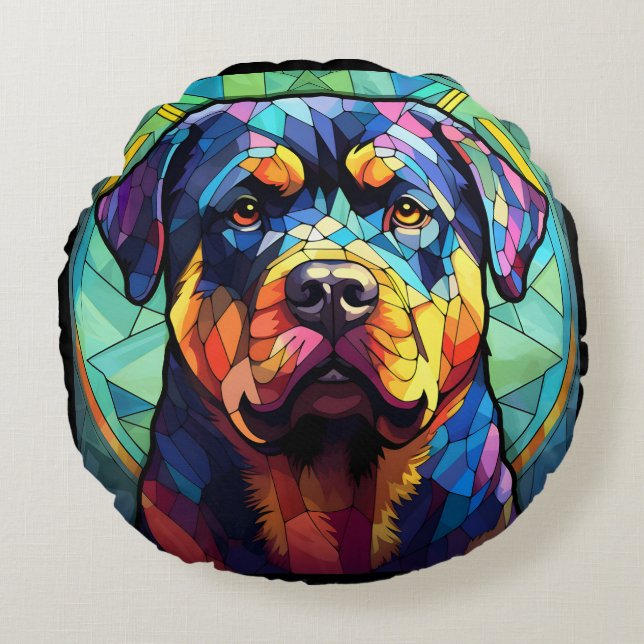 Almofada Redonda Stained Glass Rottweiler  (Frente)