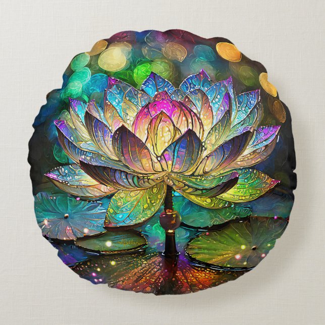 Almofada Redonda Stained Glass Vibrant Lotus Flower (Frente)