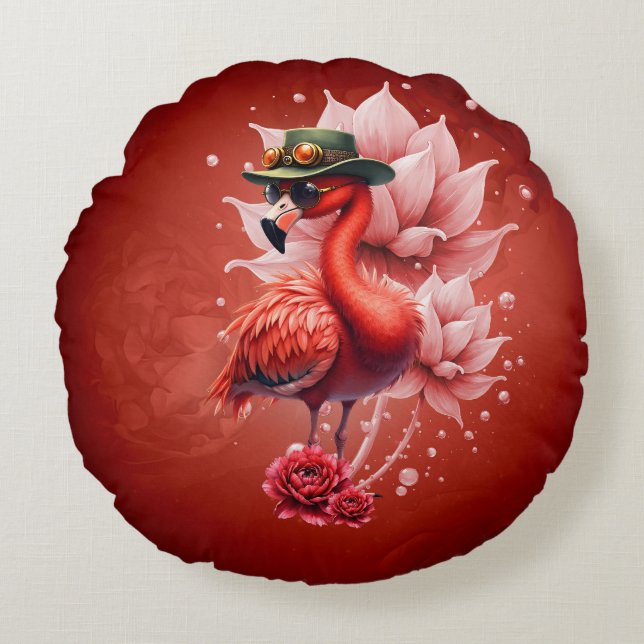 Almofada Redonda Steampunk Flamingo - Trabalho de arte Digital Fant (Frente)