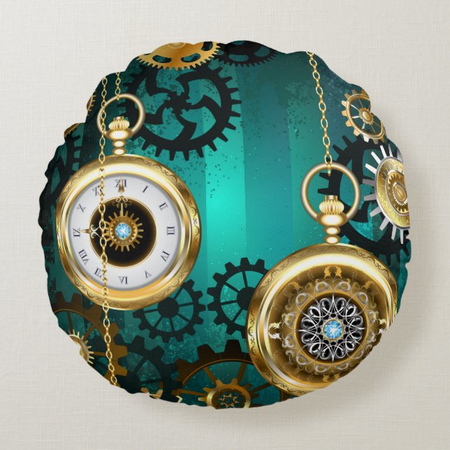 Almofada Redonda Steampunk Jewelry Watch em um fundo verde (Frente)