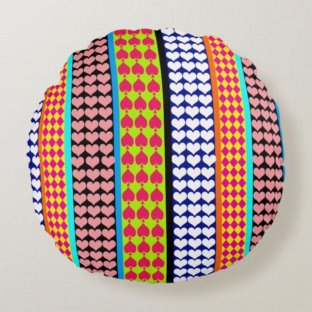 Almofada Redonda Stripes Corações Ouros Boho Mistura Design (Frente)