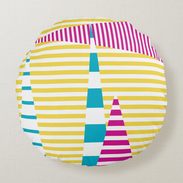 Almofada Redonda Stripes em Stripes - Turquesa, Amarelo e Rosa (Frente)