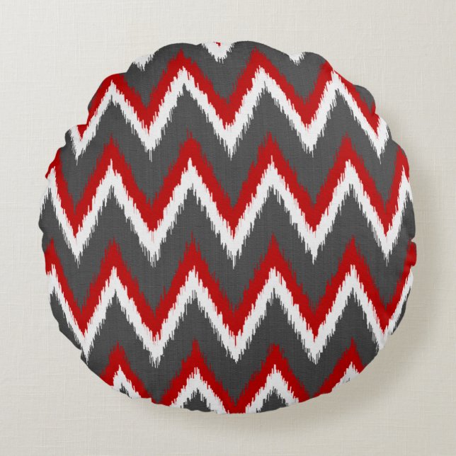 Almofada Redonda Stripes Ikat Chevron - Vermelho, Branco e Cinzas / (Frente)