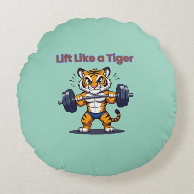 Almofada Redonda **Strong Tiger – Cute Tiger Lifting Weights Illust (Frente)