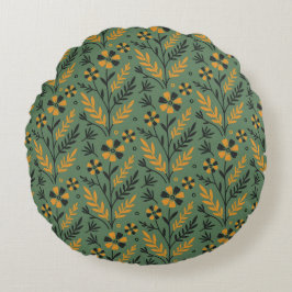 Almofada Redonda Stylized botanical orange and black floral pattern