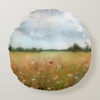 Almofada Redonda Summer Meadow Wildflower Landscape Art
