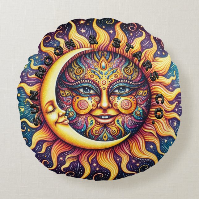 Almofada Redonda Sun, Lua e Estrelas Co. (Frente)
