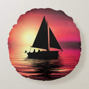 Almofada Redonda Sunset, Barco à vela no mar-39186
