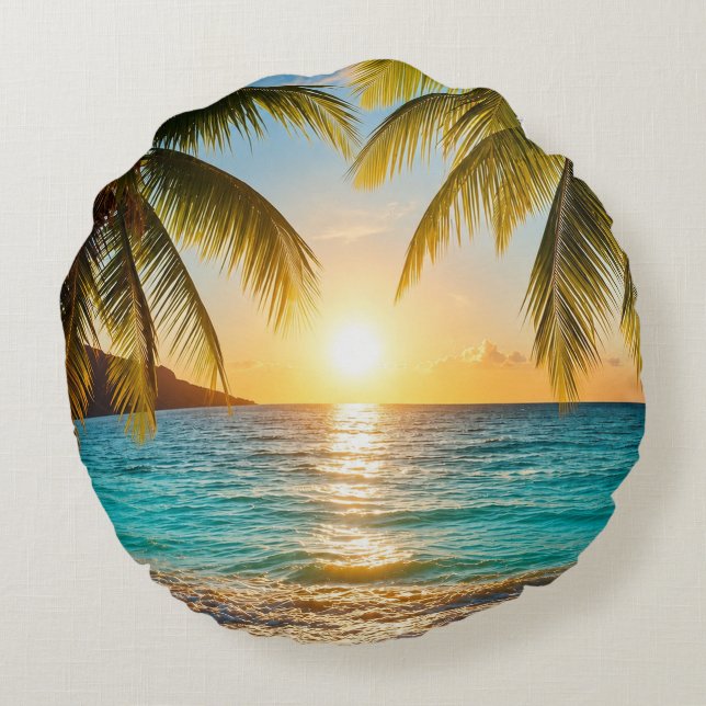 Almofada Redonda Sunset Palm Beach Decorativo  (Verso)