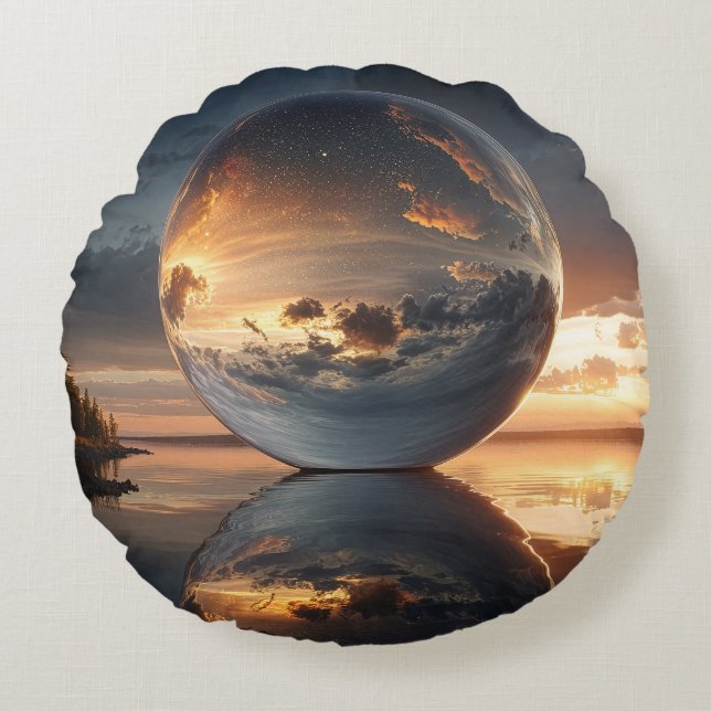 Almofada Redonda Surreal Reflective Sphere With Sunset Clouds Over  (Frente)