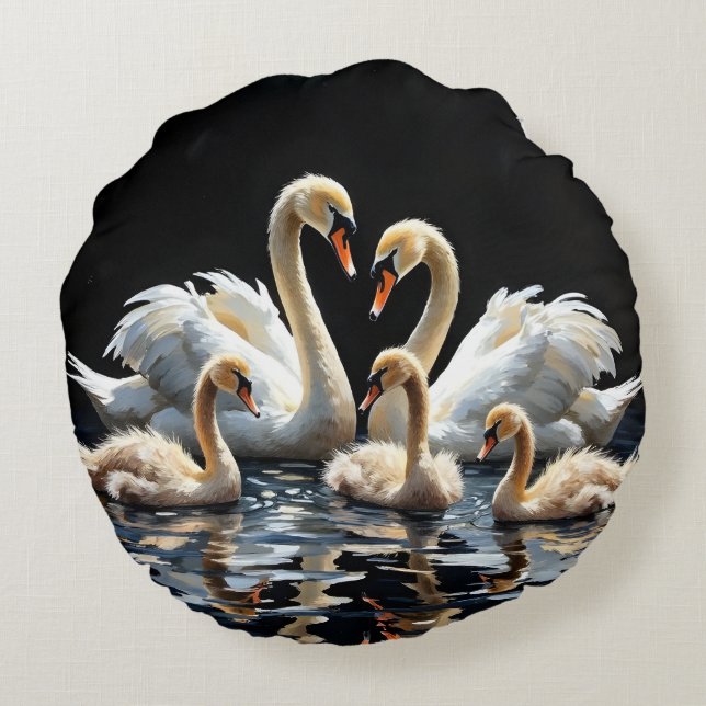 Almofada Redonda Swan Family on Black Lake Artwork (Verso)