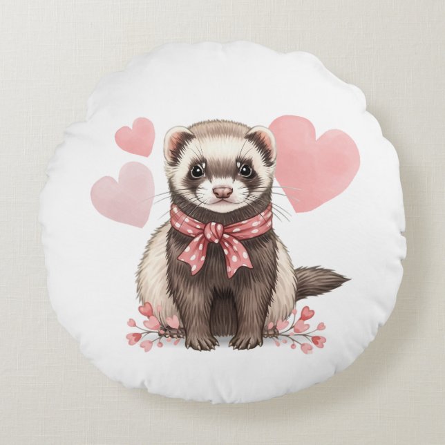Almofada Redonda Sweet Ferret Kawaii Pink Hearts (Frente)