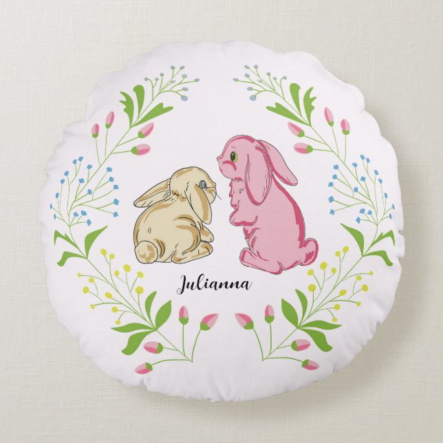 Almofada Redonda Sweet Light Pink Bunny Wreath Round Pillow (Frente)