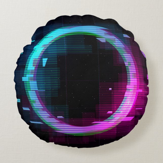 Almofada Redonda Synthwave Vaporwave Retrowave Glitch Circle with b (Frente)