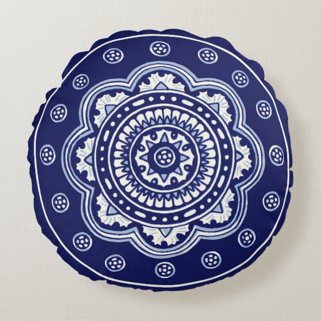 Almofada Redonda Talavera Branco e Azul Cinco (Frente)