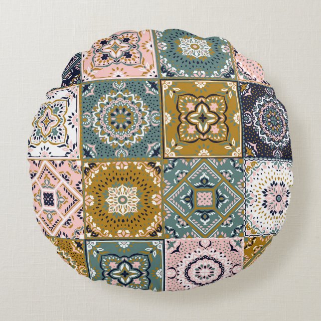 Almofada Redonda Talavera Indian: Patchwork, Ethnic Mosaic. (Frente)