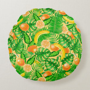 Almofada Redonda Tangerinas, bananas e folhas tropicais