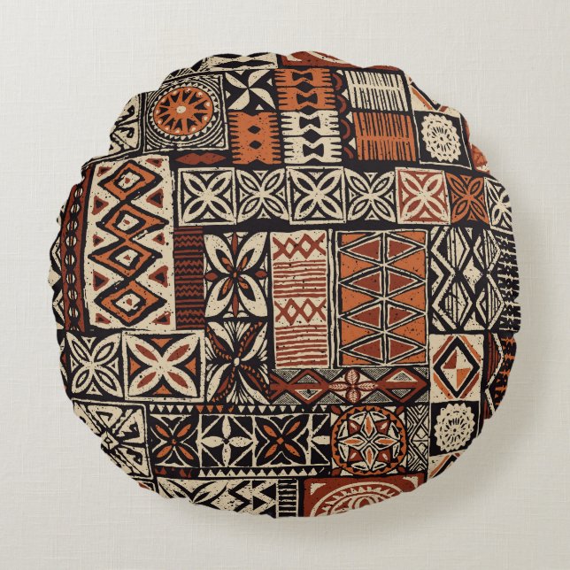 Almofada Redonda Tapa Havaiana: Patchwork Tribal (Frente)