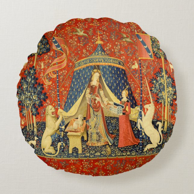 Almofada Redonda Tapeçaria Medieval A Dama e o Unicórnio: Arte Fran (Frente)
