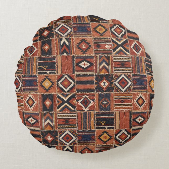 Almofada Redonda Tapete Geométrico de Kilim com Remendo Rústico (Frente)