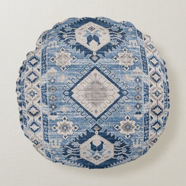 Almofada Redonda Tapete Kilim Azul Antigo Oriental (Frente)