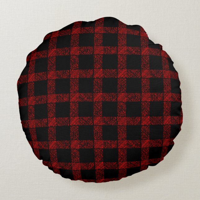 Almofada Redonda Tartan vermelho-russo e preto com linhas gravadas (Verso)