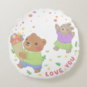 Almofada Redonda Te Amo: Urso de Teddy & Coelhinho com Flores