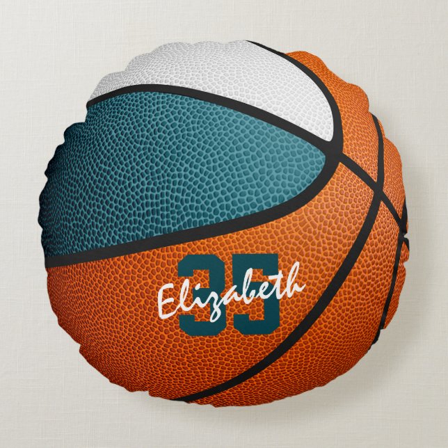 Almofada Redonda teal branca esportiva basquete personalizado (Frente)
