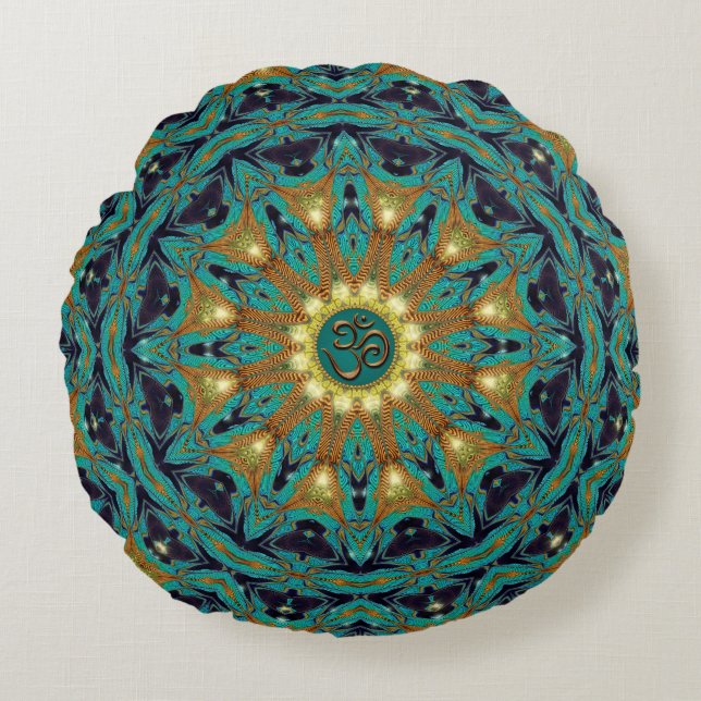 Almofada Redonda Teal Dourado Bohemian Mandala OM Yoga Round Cushio (Frente)