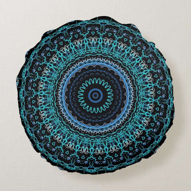 Almofada Redonda Teal e Black Mandala (Verso)