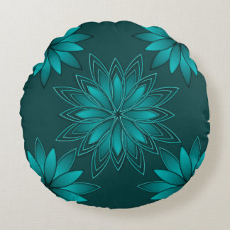 Almofada Redonda Teal Leaf Mandala Design on Dark Cyan