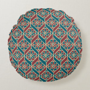 Almofada Redonda Teal Maroon Beige Ethnic Patterns Flowers, Chevron
