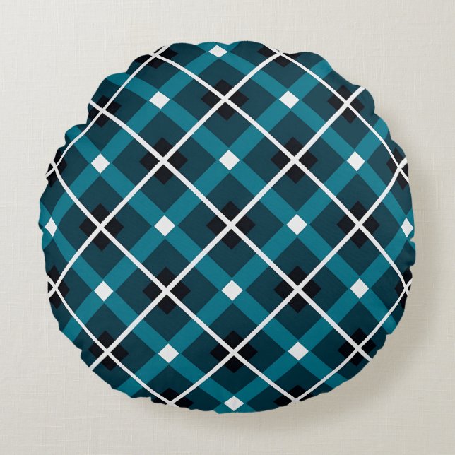 Almofada Redonda Teal & Navy Geometric Grid Pattern (Frente)