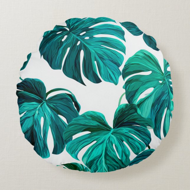 Almofada Redonda Teal Tropical Monstera Leaf Seamless Pattern Art (Frente)