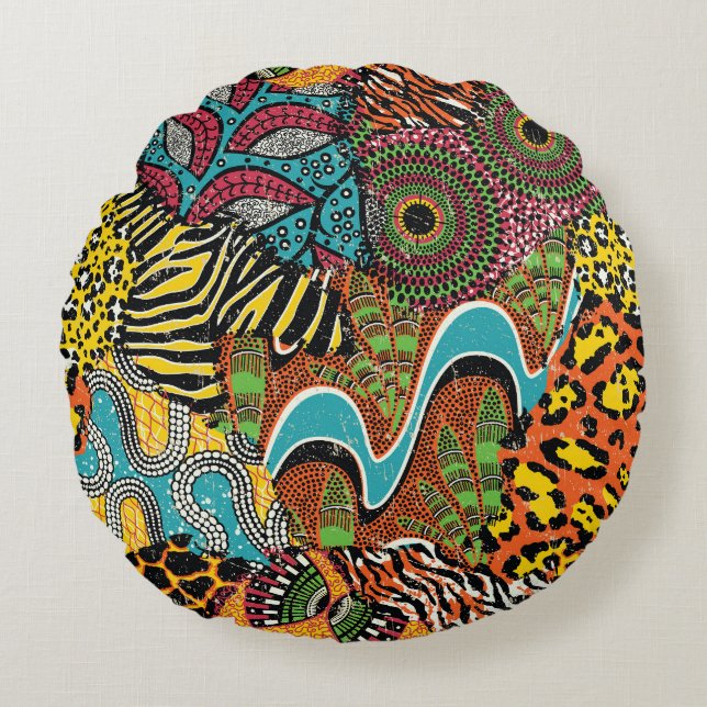 Almofada Redonda Tecido Africano: Patchwork para animais selvagens. (Frente)