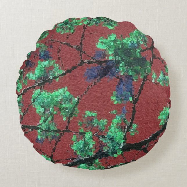 Almofada Redonda Tecido Floral, Vermelho (Frente)