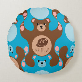Almofada Redonda Teddy Bears Blue Monograma Kid Round Travesseiro