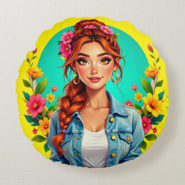 Almofada Redonda Teen Girl Aestic - Retrato de Cartoon Floral