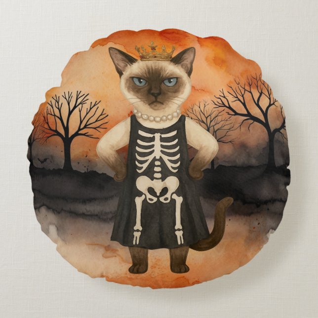 Almofada Redonda Tema de Halloween para Amantes de Gatos Siameses (Frente)