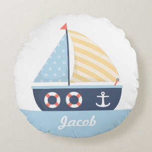 Almofada Redonda Tema Náutico de Barco à Vela Elegante Para Quarto 